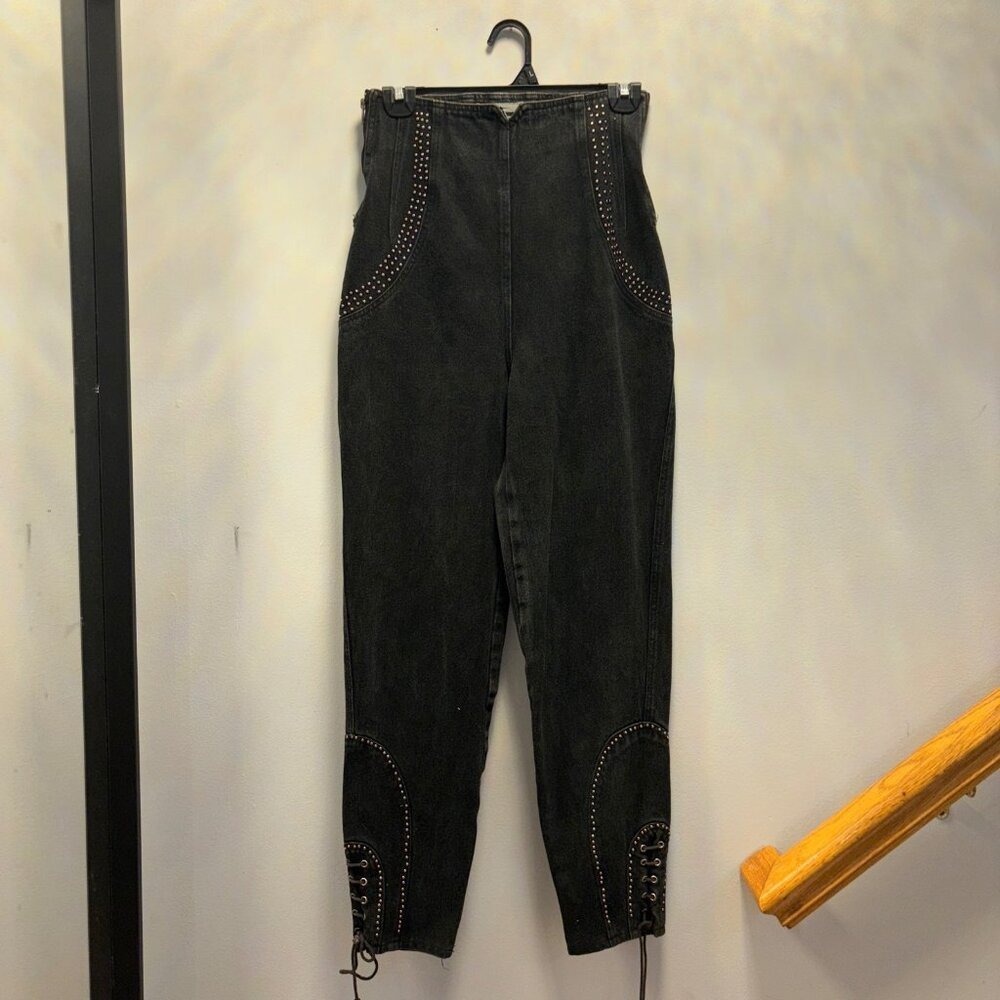 MORGANWEAR Black Denim Studded High Waisted Lace Up Ankle Zipper Jeans‎